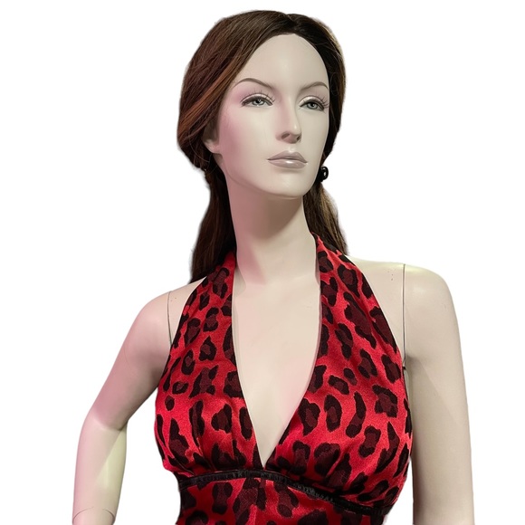 LE CHÂTEAU NWT RED ANIMAL PRINT HALTER TOP LOW-CUT BACK DRESS Size XL - Picture 4 of 16